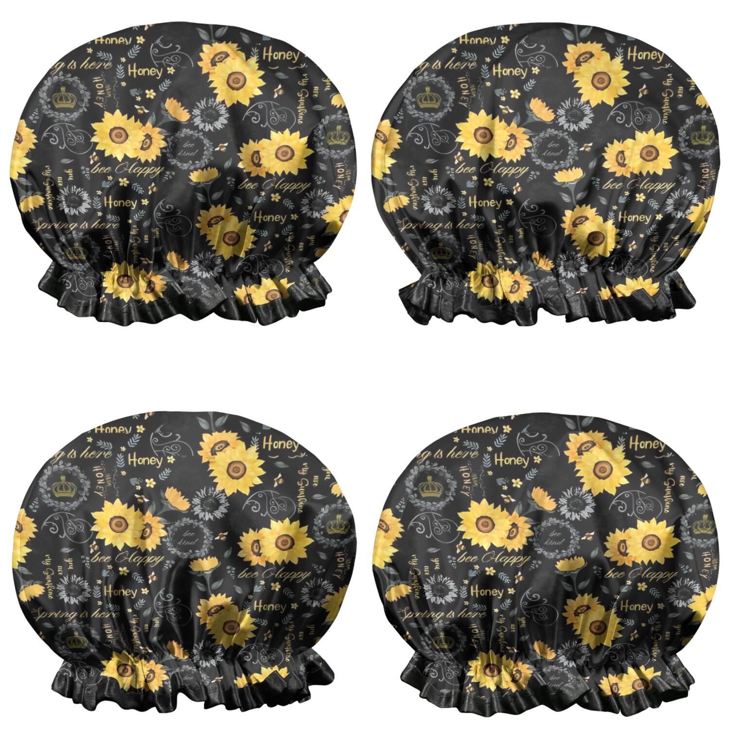 Shower Caps,Black Sunflower Word Pattern Waterproof Shower Cap for Women 4 Pieces,Double Reusable Hair Cover for Shower PEVA Elastic Stretch Hem