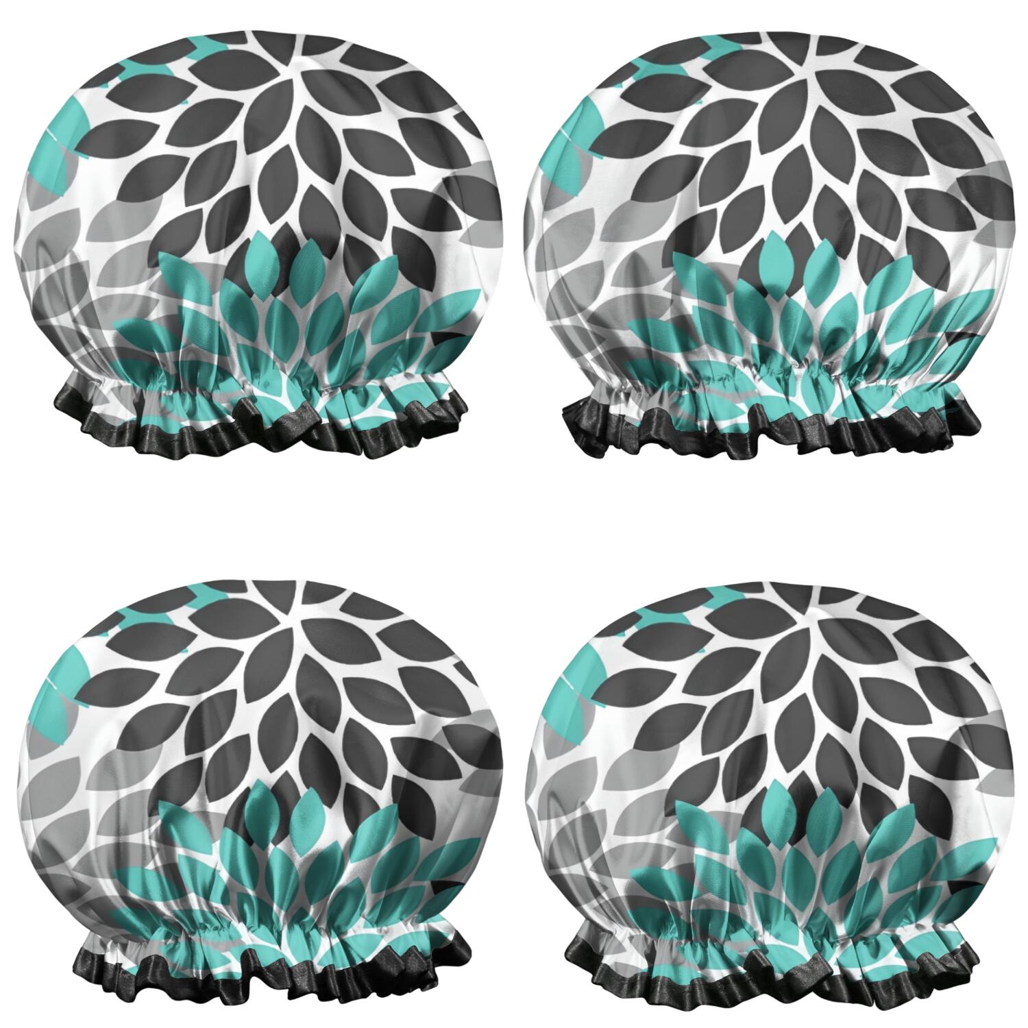 Shower Caps,Black Turquoise and Gray Floral Pattern Waterproof Shower Cap for Women 4 Pieces,Double Reusable Hair Cover for Shower PEVA Elastic Stretch Hem