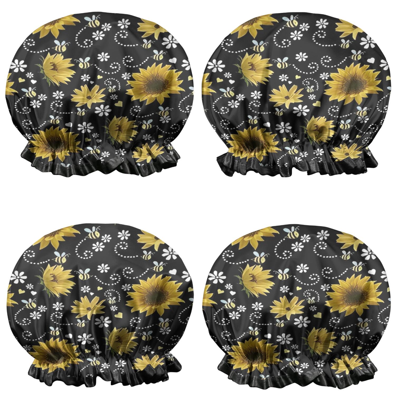 Shower Caps,Black White Bee Heart Sunflower Pattern Waterproof Shower Cap for Women 4 Pieces,Double Reusable Hair Cover for Shower PEVA Elastic Stretch Hem