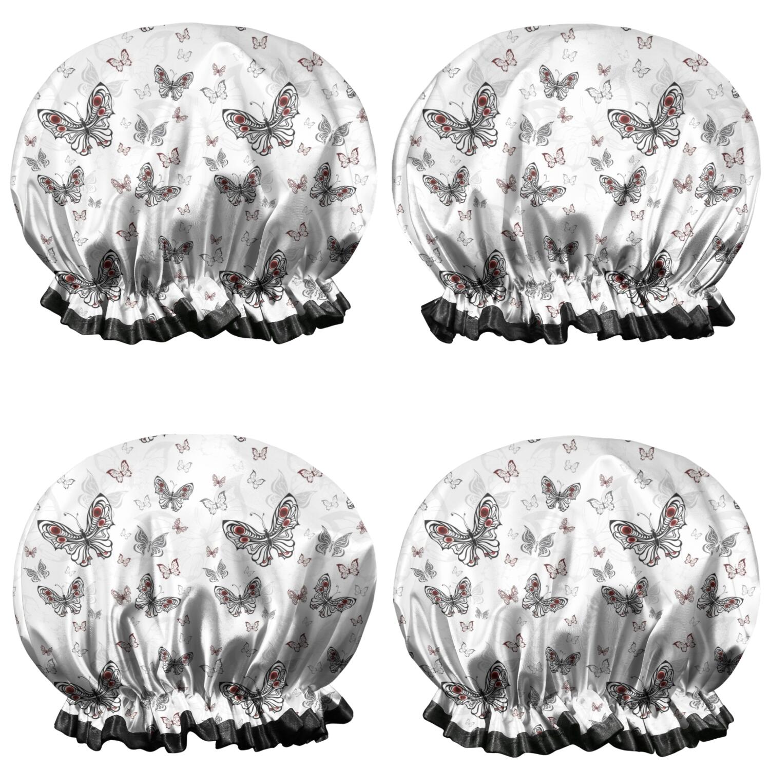 Shower Caps,Black White Butterfly Pattern Waterproof Shower Cap for Women 4 Pieces,Double Reusable Hair Cover for Shower PEVA Elastic Stretch Hem