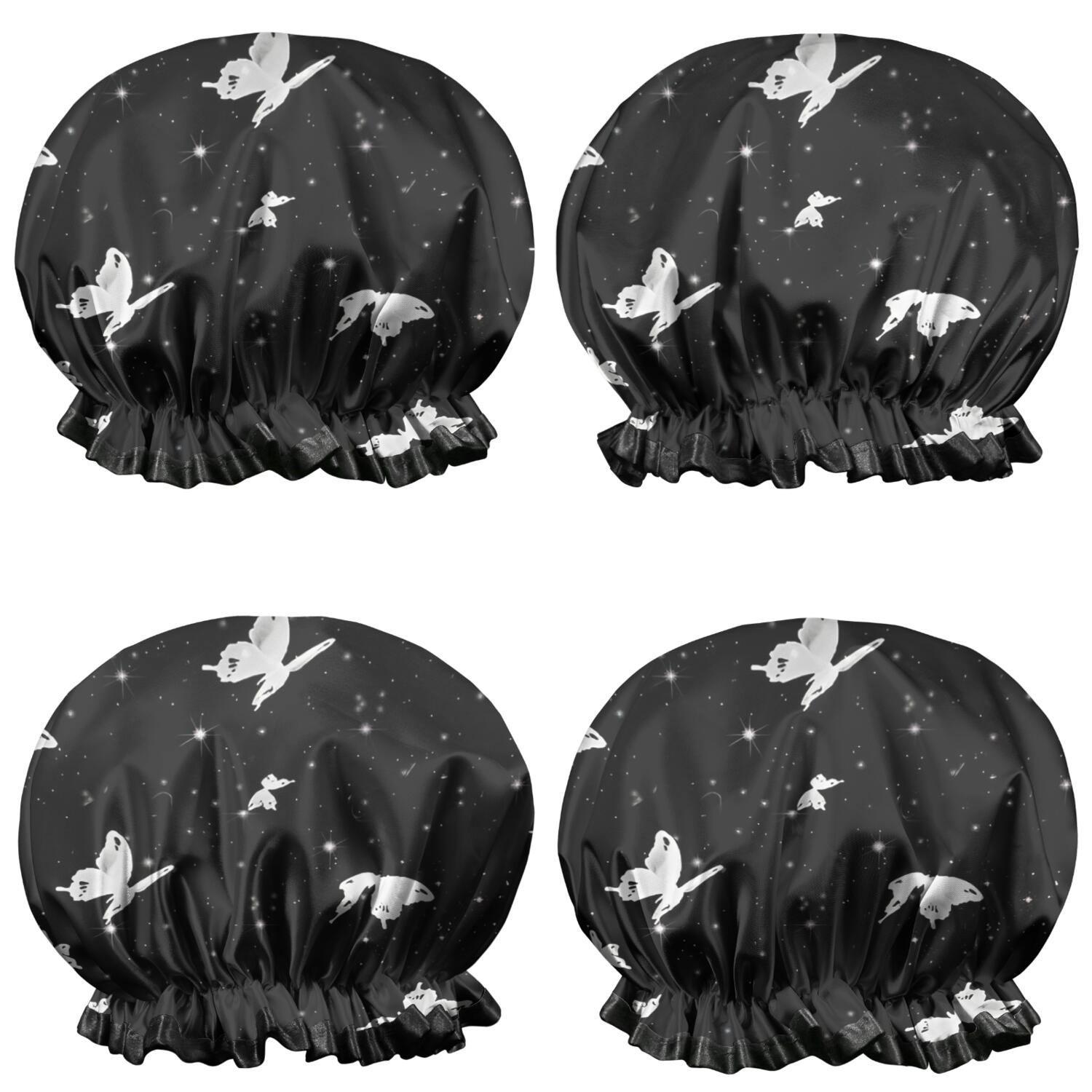 Shower Caps,Black White Butterfly Star Pattern Waterproof Shower Cap for Women 4 Pieces,Double Reusable Hair Cover for Shower PEVA Elastic Stretch Hem