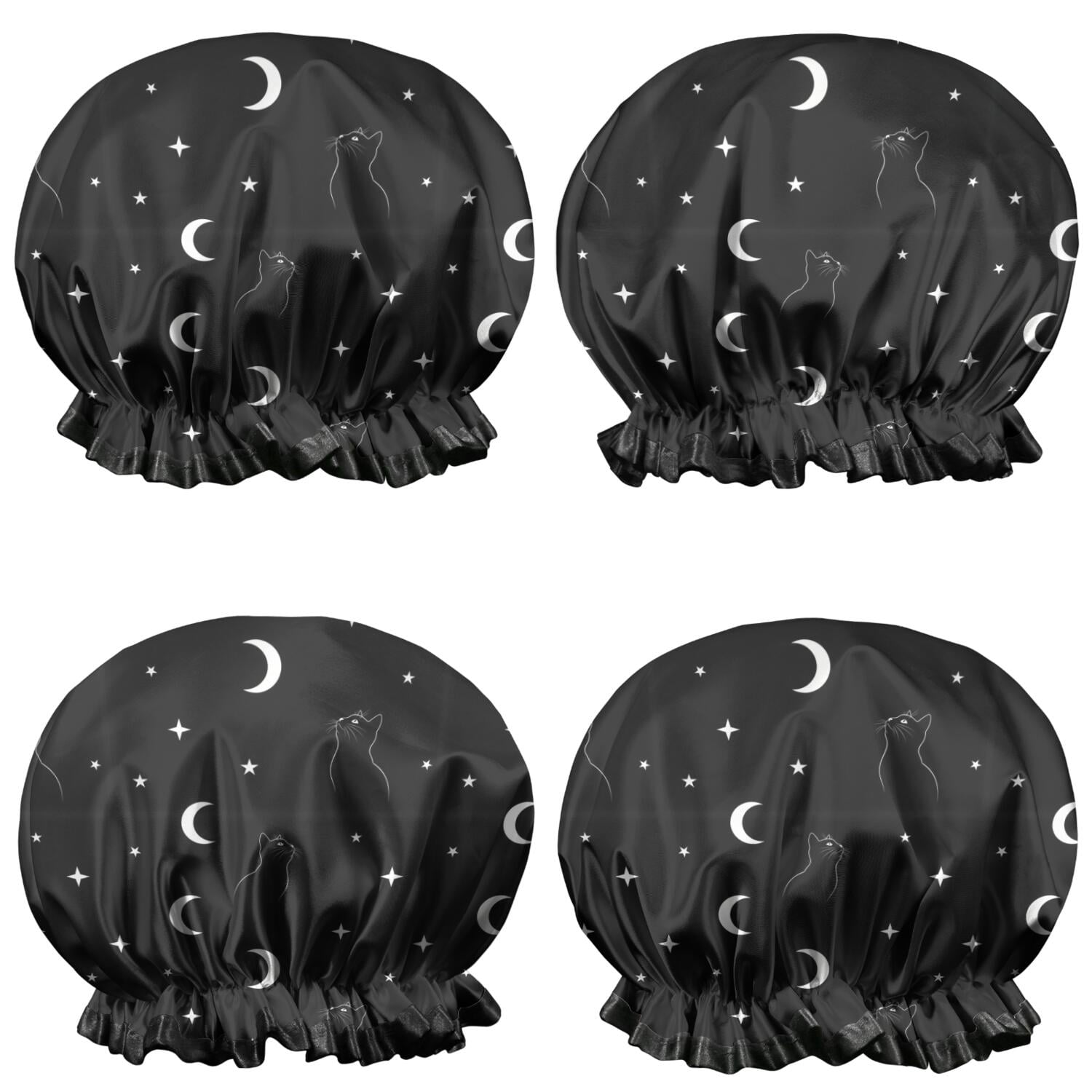 Shower Caps,Black White Cat Moon Star Pattern Waterproof Shower Cap for Women 4 Pieces,Double Reusable Hair Cover for Shower PEVA Elastic Stretch Hem