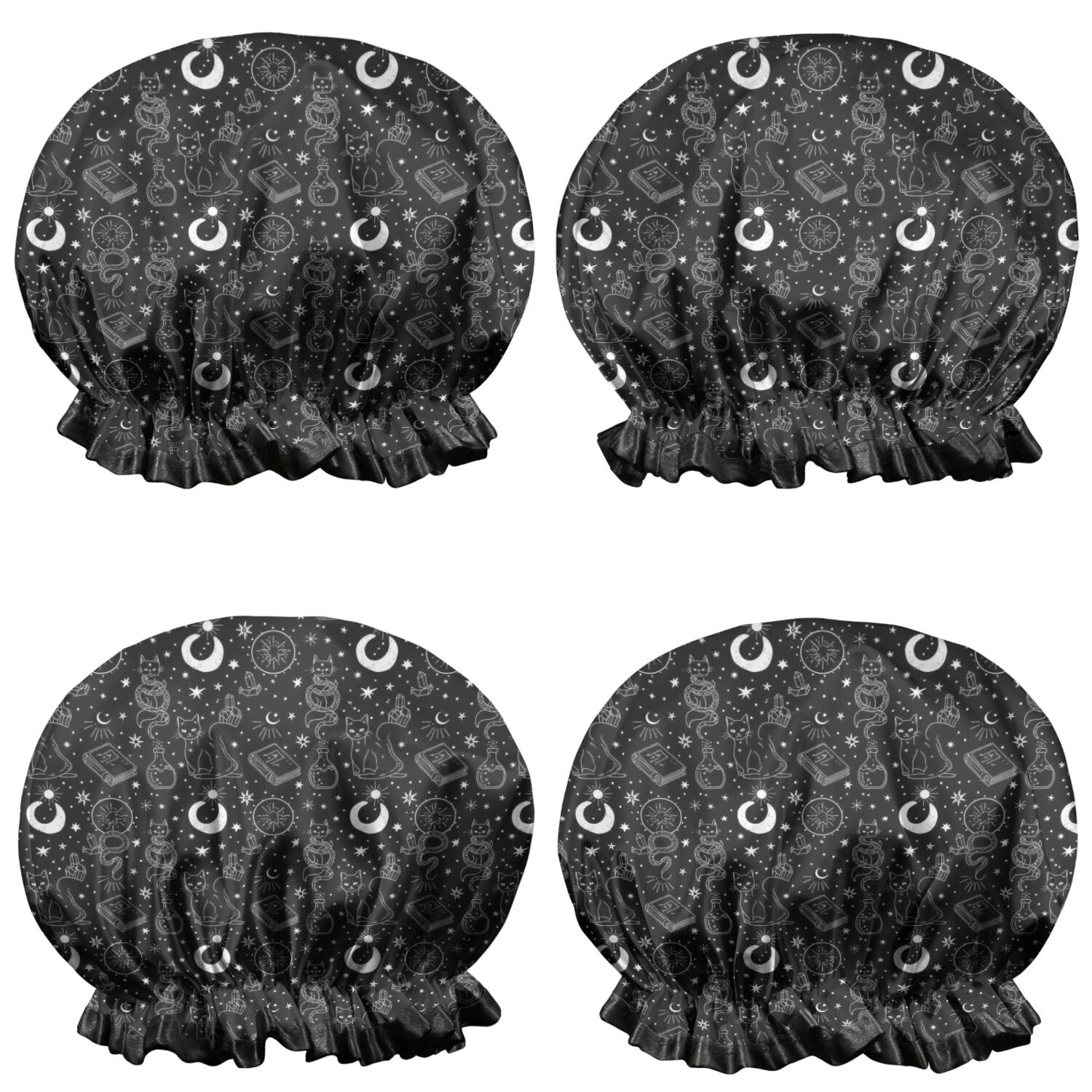 Shower Caps,Black White Cat Snake Book Moon Star Pattern Waterproof Shower Cap for Women 4 Pieces,Double Reusable Hair Cover for Shower PEVA Elastic Stretch Hem
