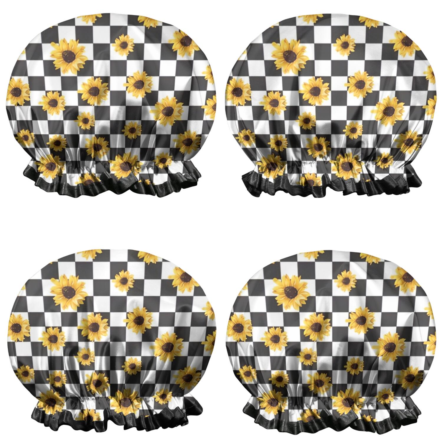 Shower Caps,Black White Checker Sunflower Pattern Waterproof Shower Cap for Women 4 Pieces,Double Reusable Hair Cover for Shower PEVA Elastic Stretch Hem