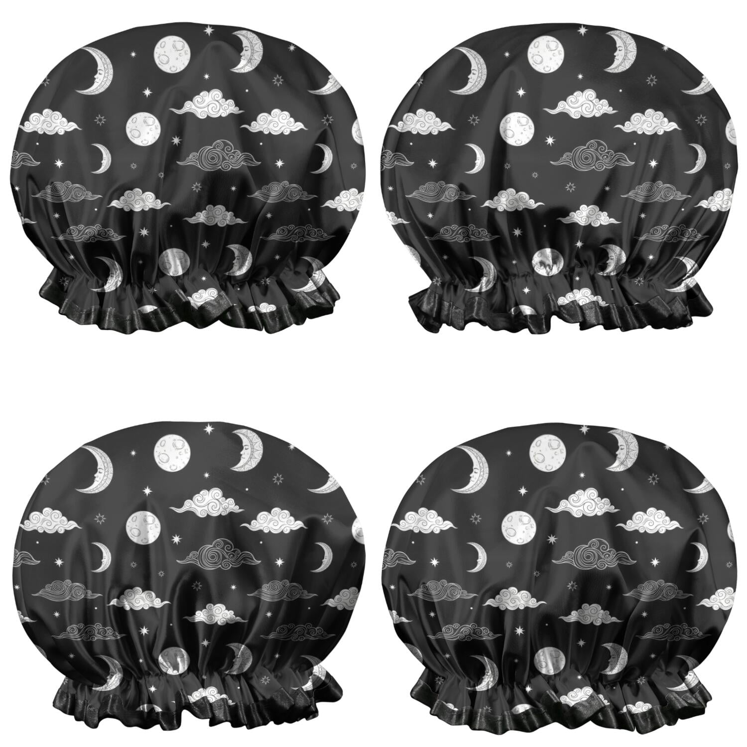 Shower Caps,Black White Cloud Moon Star Pattern Waterproof Shower Cap for Women 4 Pieces,Double Reusable Hair Cover for Shower PEVA Elastic Stretch Hem
