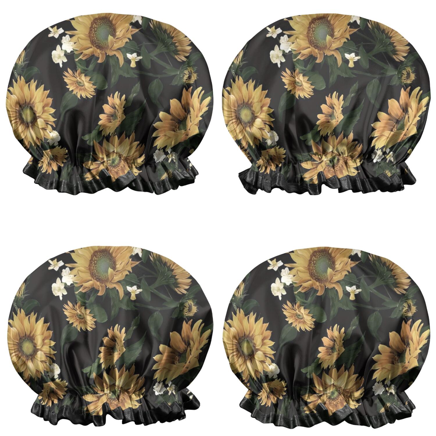 Shower Caps,Black White Flower Sunflower Pattern Waterproof Shower Cap for Women 4 Pieces,Double Reusable Hair Cover for Shower PEVA Elastic Stretch Hem
