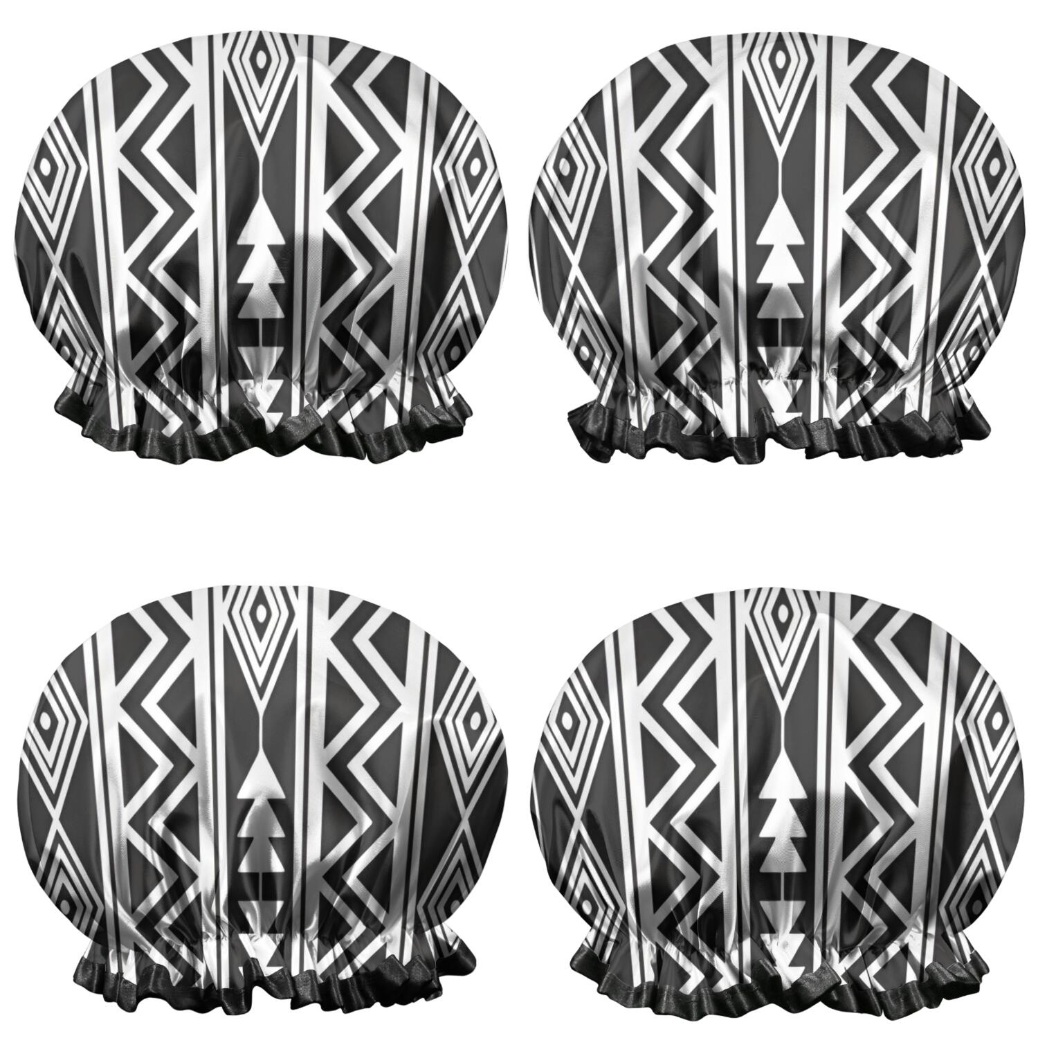 Shower Caps,Black and White Geometric Boho Pattern Waterproof Shower Cap for Women 4 Pieces,Double Reusable Hair Cover for Shower PEVA Elastic Stretch Hem