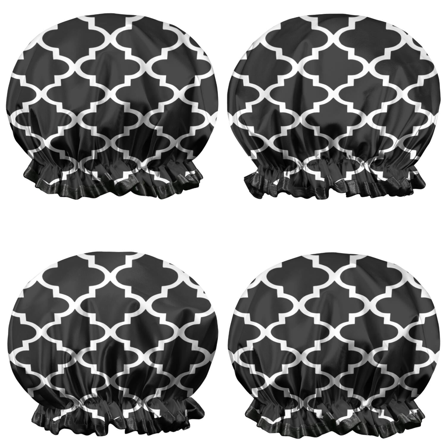 Shower Caps,Black and White Geometric Lattice Pattern Waterproof Shower Cap for Women 4 Pieces,Double Reusable Hair Cover for Shower PEVA Elastic Stretch Hem