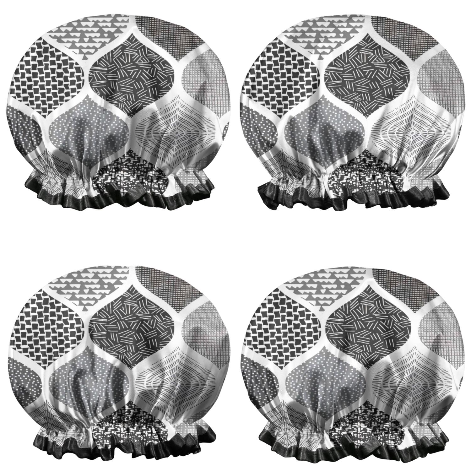 Shower Caps,Black and White Geometric Quatrefoil Pattern Waterproof Shower Cap for Women 4 Pieces,Double Reusable Hair Cover for Shower PEVA Elastic Stretch Hem