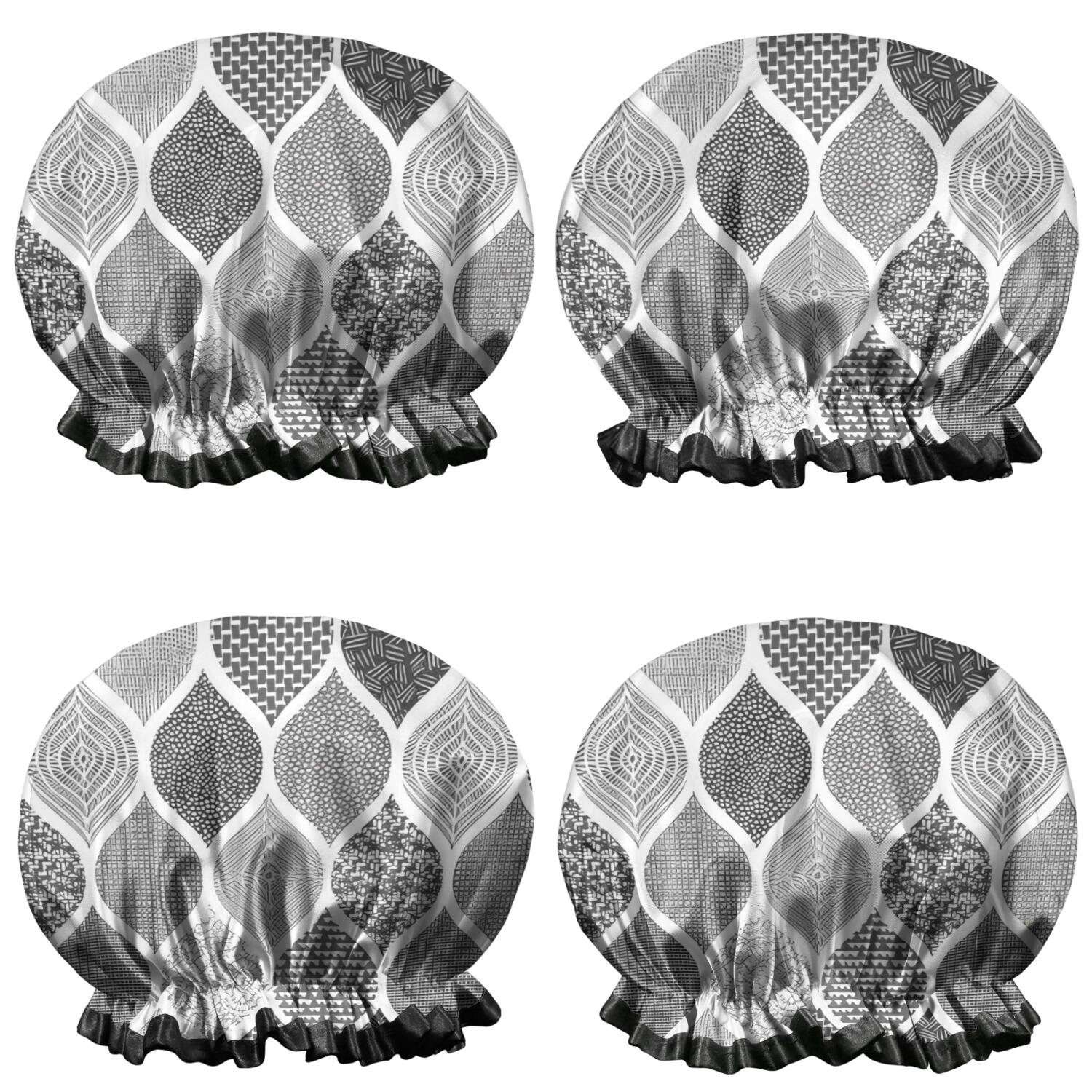 Shower Caps,Black and White Geometric Quatrefoil Pattern Waterproof Shower Cap for Women 4 Pieces,Double Reusable Hair Cover for Shower PEVA Elastic Stretch Hem