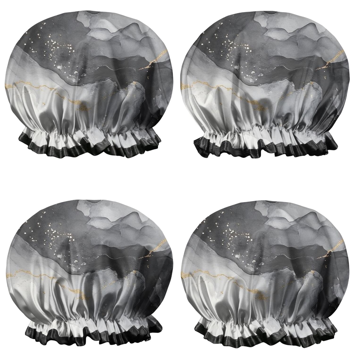 Shower Caps,Black White Gold Marble Pattern Waterproof Shower Cap for Women 4 Pieces,Double Reusable Hair Cover for Shower PEVA Elastic Stretch Hem