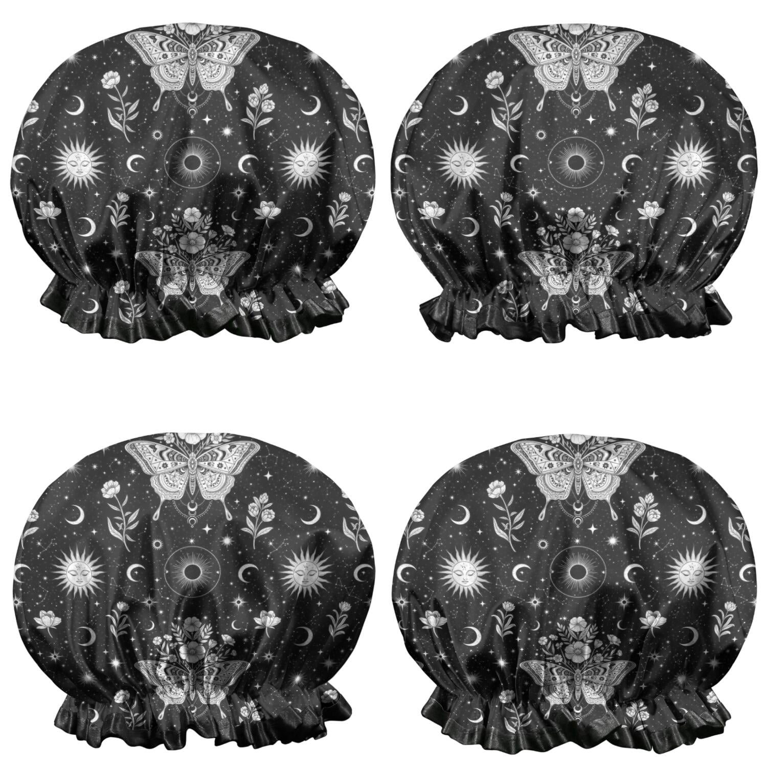 Shower Caps,Black White Gothic Butterfly Sun Moon Flower Pattern Waterproof Shower Cap for Women 4 Pieces,Double Reusable Hair Cover for Shower PEVA Elastic Stretch Hem
