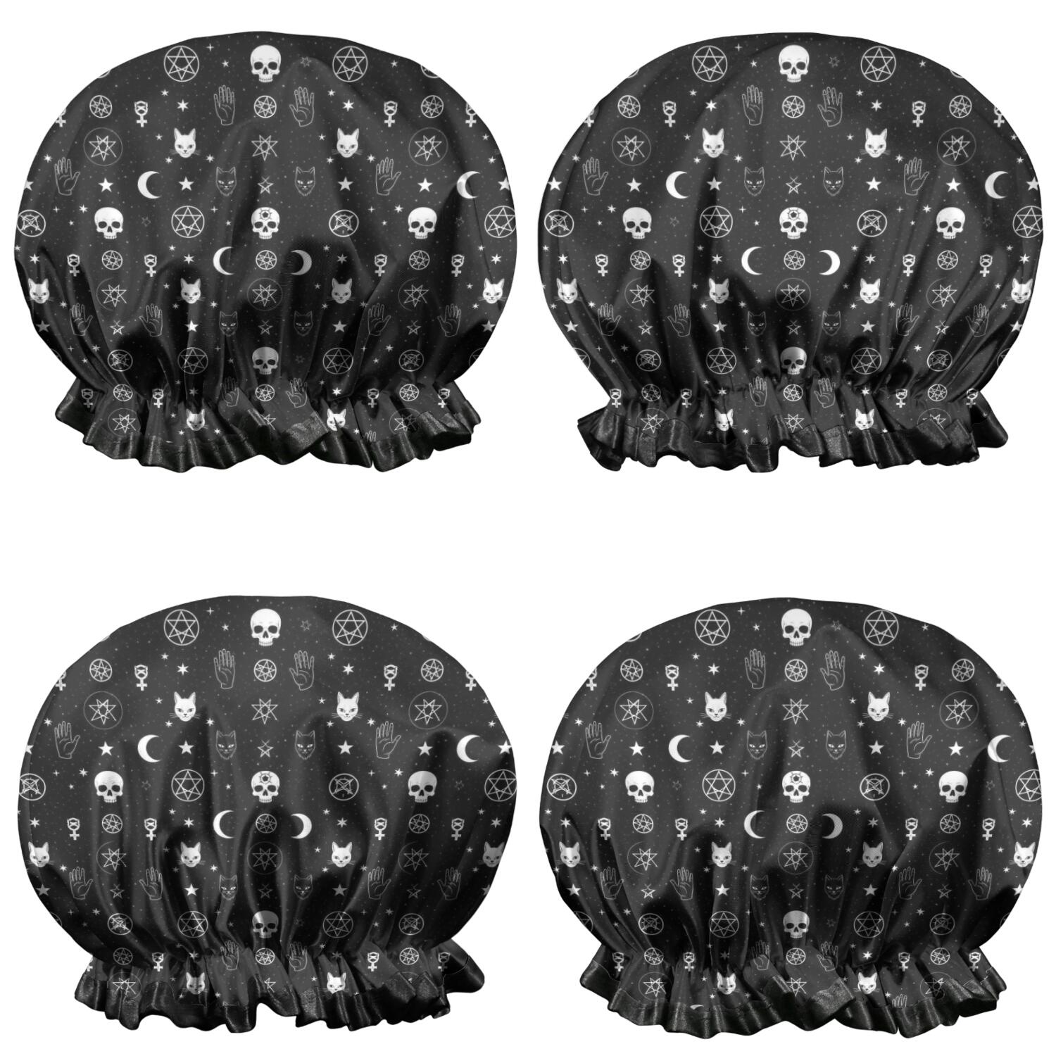 Shower Caps,Black White Gothic Cat Skull Moon Pattern Waterproof Shower Cap for Women 4 Pieces,Double Reusable Hair Cover for Shower PEVA Elastic Stretch Hem