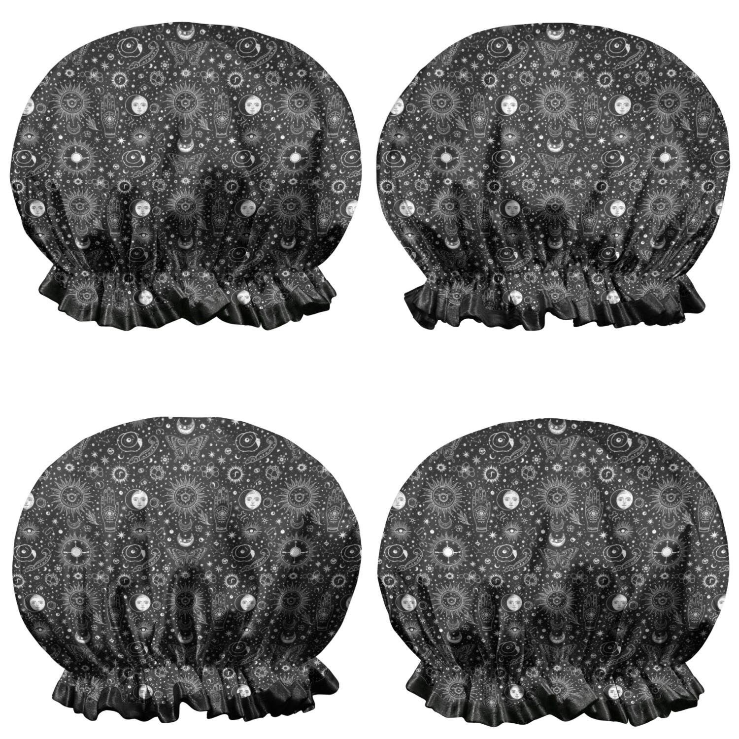 Shower Caps,Black White Gothic Sun Moon Pattern Waterproof Shower Cap for Women 4 Pieces,Double Reusable Hair Cover for Shower PEVA Elastic Stretch Hem