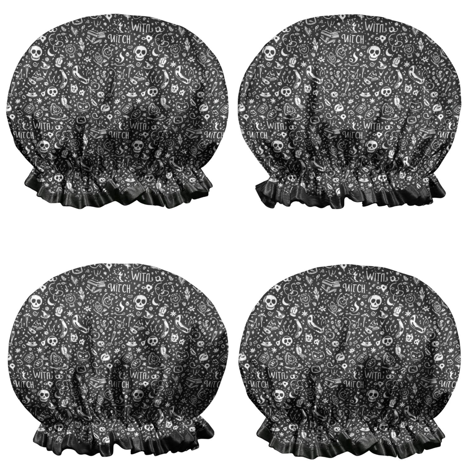 Shower Caps,Black White Gothic Witch Skull Pattern Waterproof Shower Cap for Women 4 Pieces,Double Reusable Hair Cover for Shower PEVA Elastic Stretch Hem