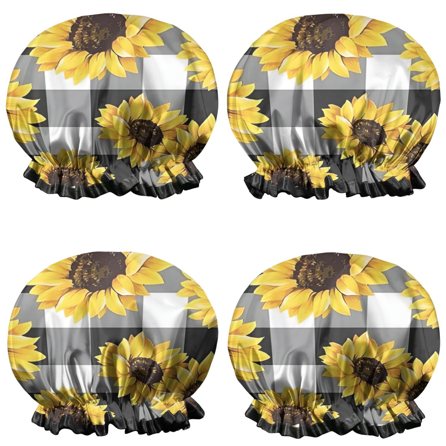 Shower Caps,Black White Gray Checker Sunflower Pattern Waterproof Shower Cap for Women 4 Pieces,Double Reusable Hair Cover for Shower PEVA Elastic Stretch Hem
