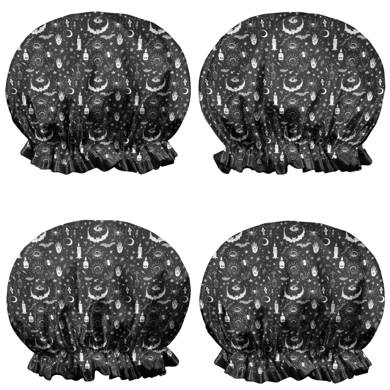 Shower Caps,Black White Halloween Candle Eye Bat Pattern Waterproof Shower Cap for Women 4 Pieces,Double Reusable Hair Cover for Shower PEVA Elastic Stretch Hem