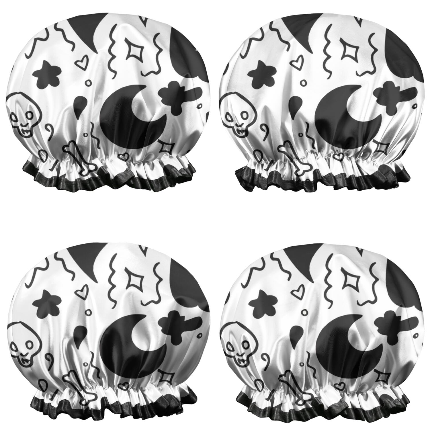 Shower Caps,Black and White Halloween Doodle Pattern Waterproof Shower Cap for Women 4 Pieces,Double Reusable Hair Cover for Shower PEVA Elastic Stretch Hem