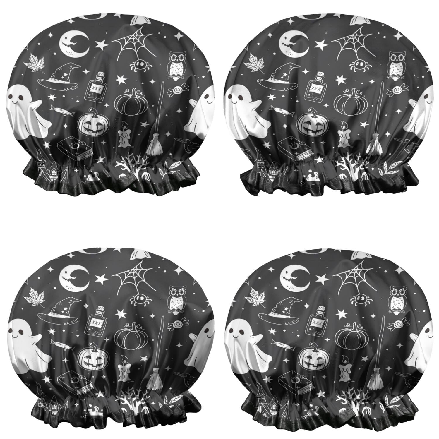Shower Caps,Black and White Halloween Elements Pattern Waterproof Shower Cap for Women 4 Pieces,Double Reusable Hair Cover for Shower PEVA Elastic Stretch Hem