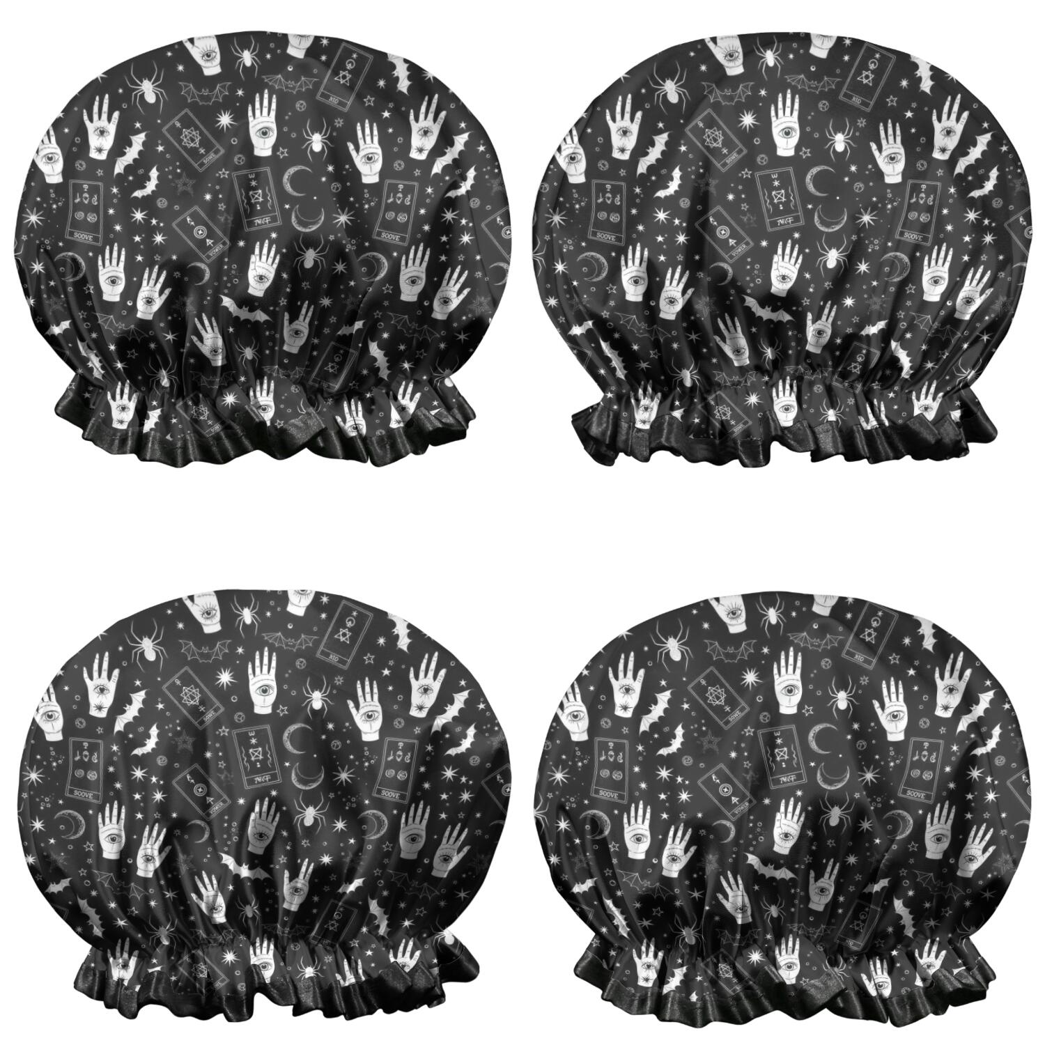 Shower Caps,Black White Halloween Hand Tarot Bat Pattern Waterproof Shower Cap for Women 4 Pieces,Double Reusable Hair Cover for Shower PEVA Elastic Stretch Hem