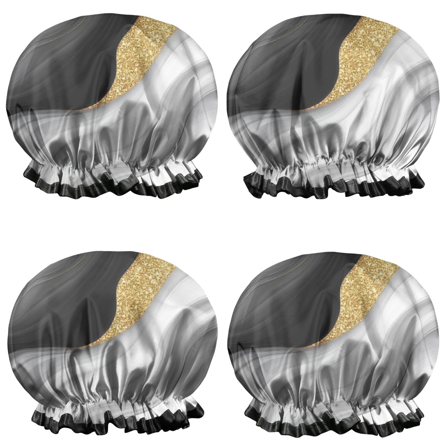 Shower Caps,Black White Marble Gold Wave Pattern Waterproof Shower Cap for Women 4 Pieces,Double Reusable Hair Cover for Shower PEVA Elastic Stretch Hem