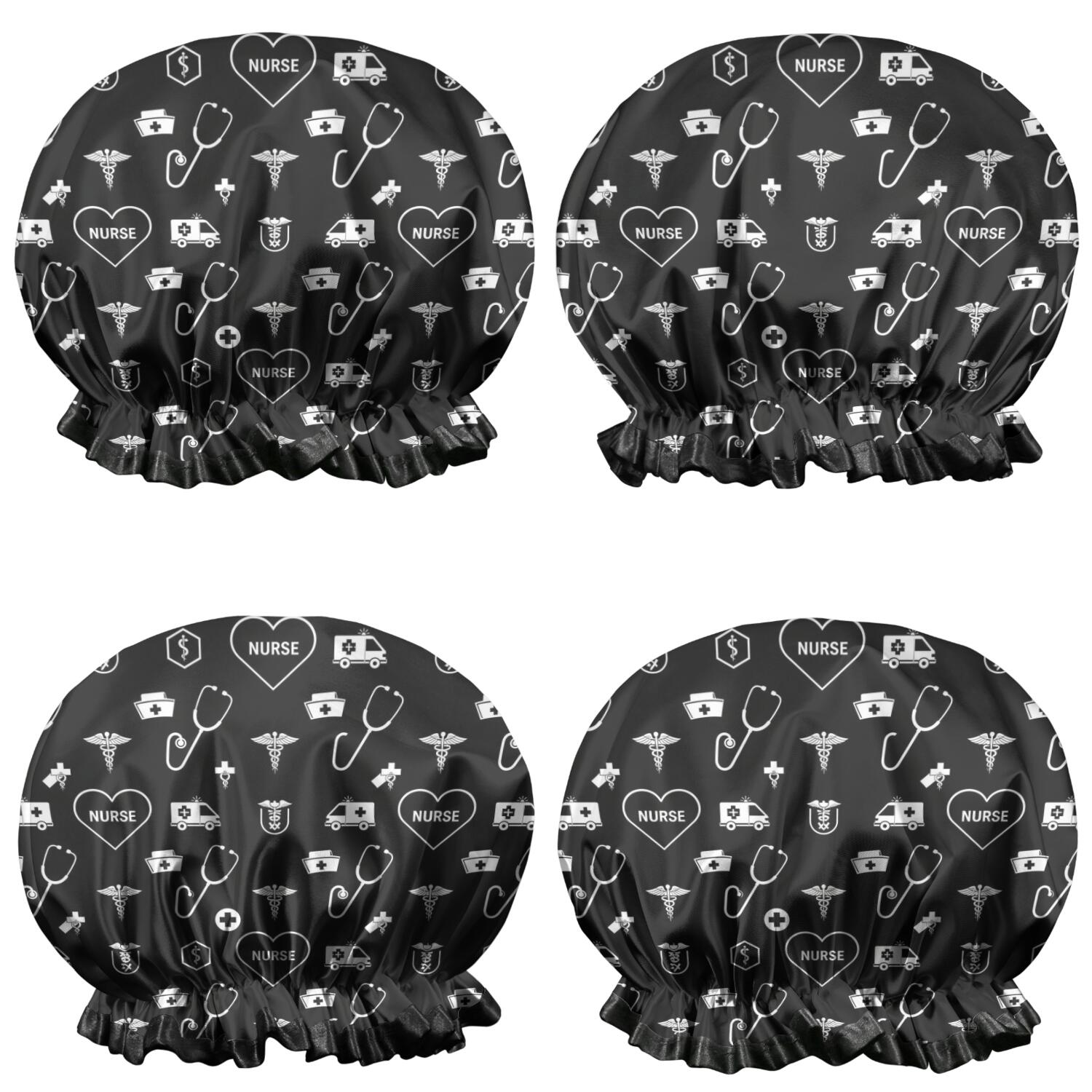 Shower Caps,Black White Medical Symbol Pattern Waterproof Shower Cap for Women 4 Pieces,Double Reusable Hair Cover for Shower PEVA Elastic Stretch Hem