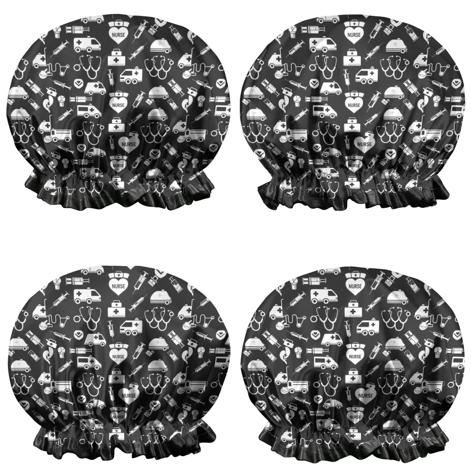Shower Caps,Black White Medical Symbol Pattern Waterproof Shower Cap for Women 4 Pieces,Double Reusable Hair Cover for Shower PEVA Elastic Stretch Hem