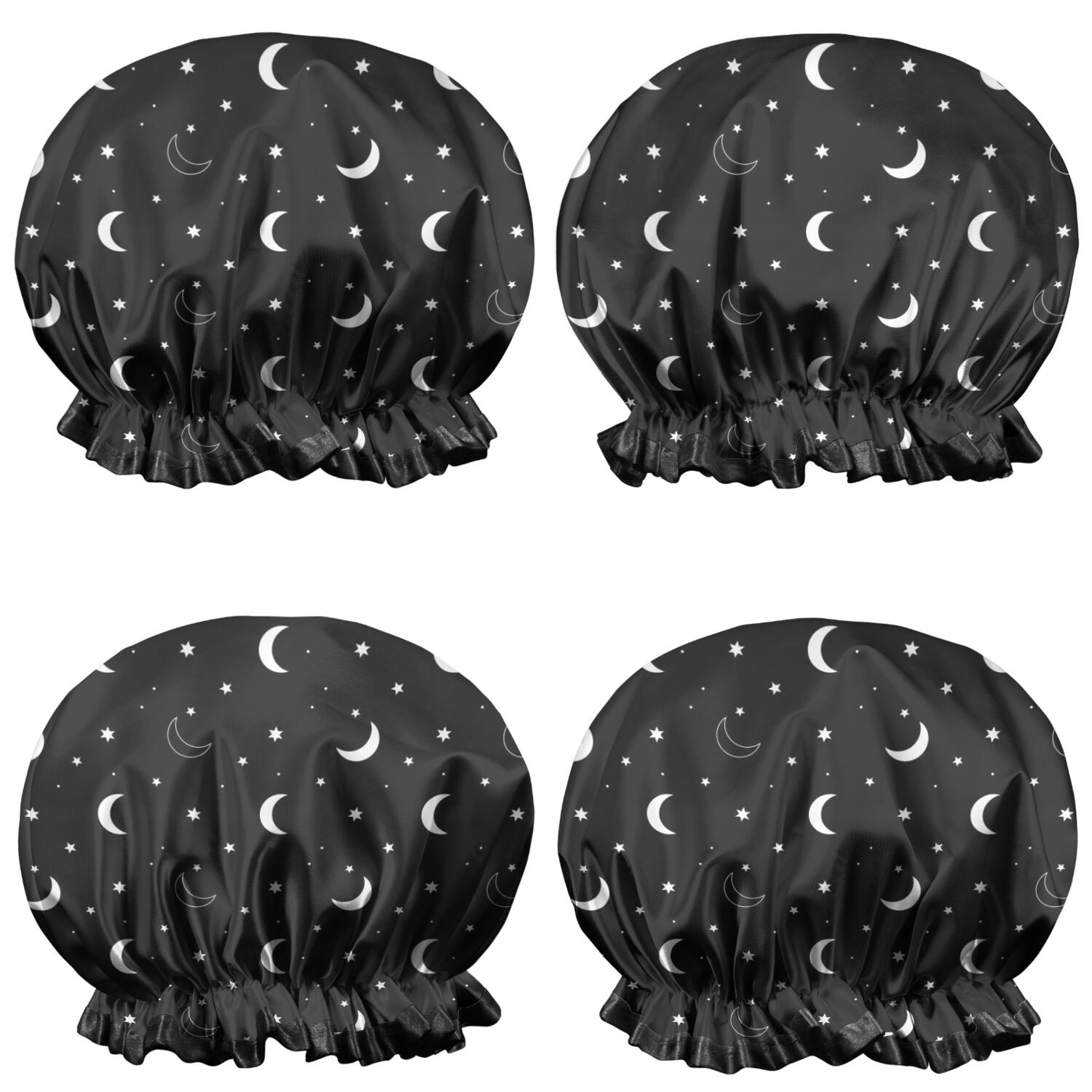 Shower Caps,Black White Moon Star Pattern Waterproof Shower Cap for Women 4 Pieces,Double Reusable Hair Cover for Shower PEVA Elastic Stretch Hem