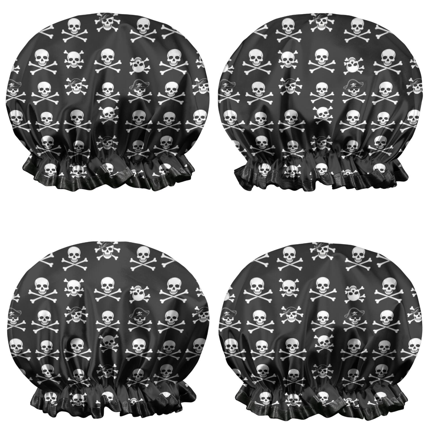 Shower Caps,Black White Skull Cross Pattern Waterproof Shower Cap for Women 4 Pieces,Double Reusable Hair Cover for Shower PEVA Elastic Stretch Hem