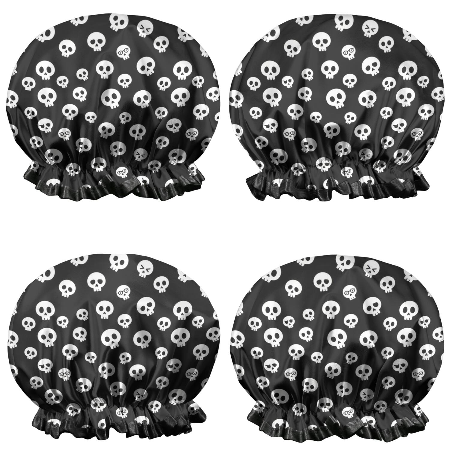 Shower Caps,Black White Skull Pattern Waterproof Shower Cap for Women 4 Pieces,Double Reusable Hair Cover for Shower PEVA Elastic Stretch Hem