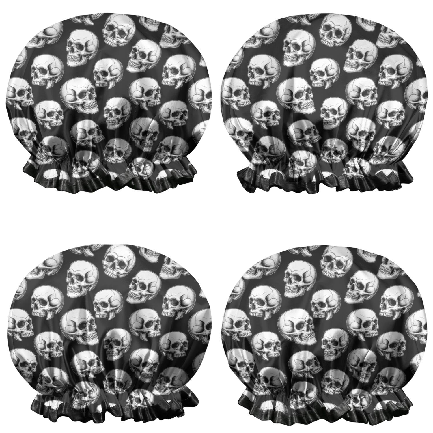 Shower Caps,Black White Skull Pattern Waterproof Shower Cap for Women 4 Pieces,Double Reusable Hair Cover for Shower PEVA Elastic Stretch Hem