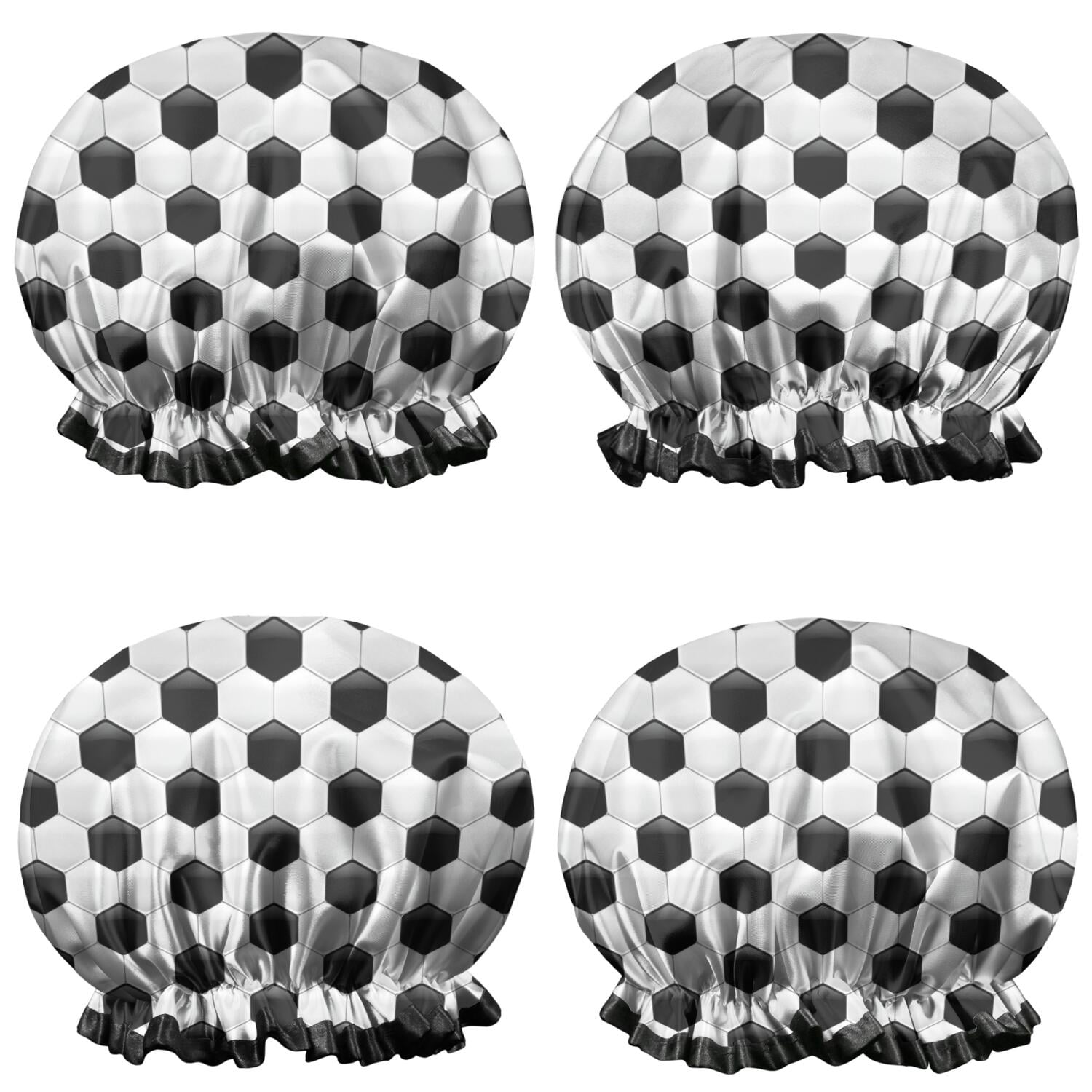 Shower Caps,Black White Soccer Pattern Waterproof Shower Cap for Women 4 Pieces,Double Reusable Hair Cover for Shower PEVA Elastic Stretch Hem