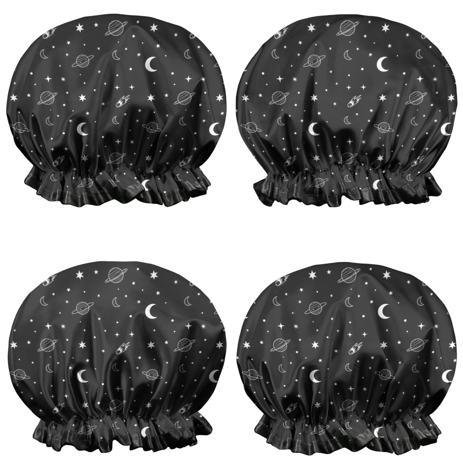 Shower Caps,Black White Star Moon Planet Comet Pattern Waterproof Shower Cap for Women 4 Pieces,Double Reusable Hair Cover for Shower PEVA Elastic Stretch Hem