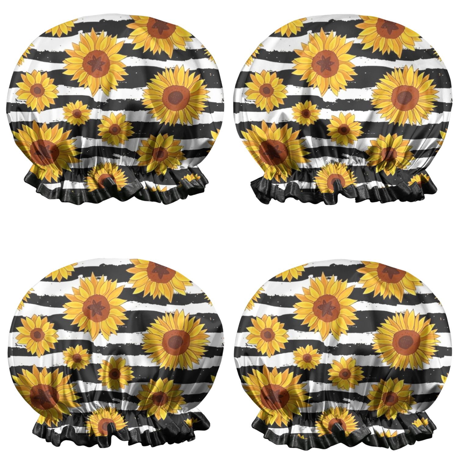 Shower Caps,Black White Stripe Sunflower Pattern Waterproof Shower Cap for Women 4 Pieces,Double Reusable Hair Cover for Shower PEVA Elastic Stretch Hem