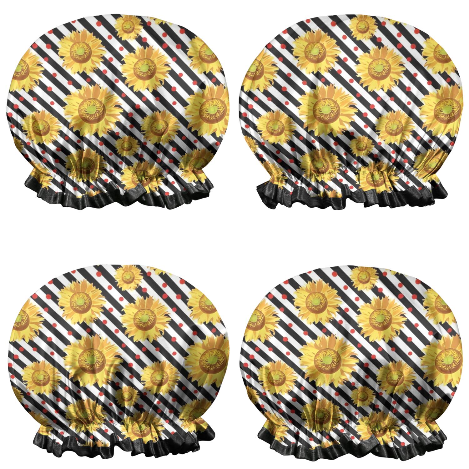 Shower Caps,Black White Stripe Sunflower Pattern Waterproof Shower Cap for Women 4 Pieces,Double Reusable Hair Cover for Shower PEVA Elastic Stretch Hem