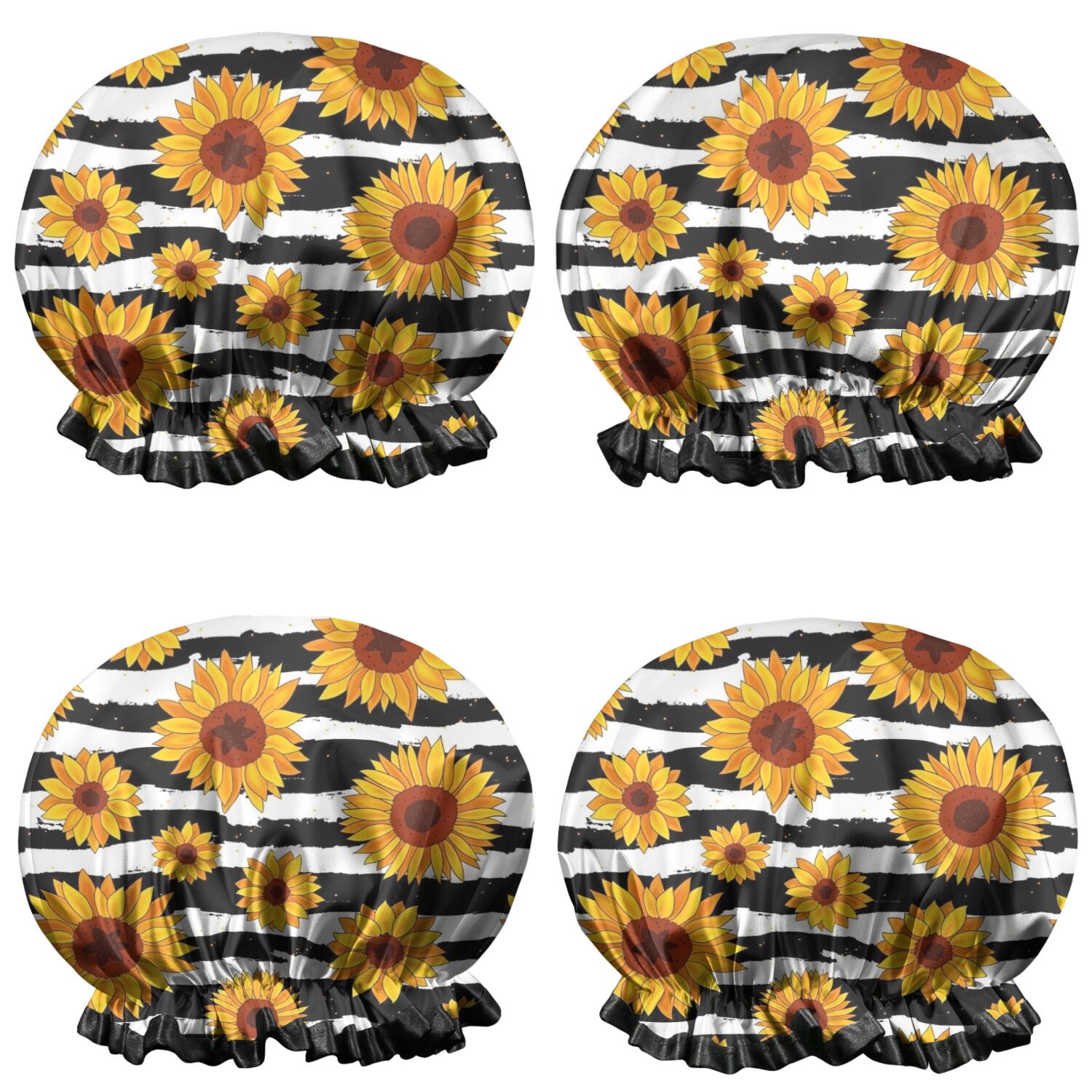 Shower Caps,Black White Striped Sunflower Pattern Waterproof Shower Cap for Women 4 Pieces,Double Reusable Hair Cover for Shower PEVA Elastic Stretch Hem