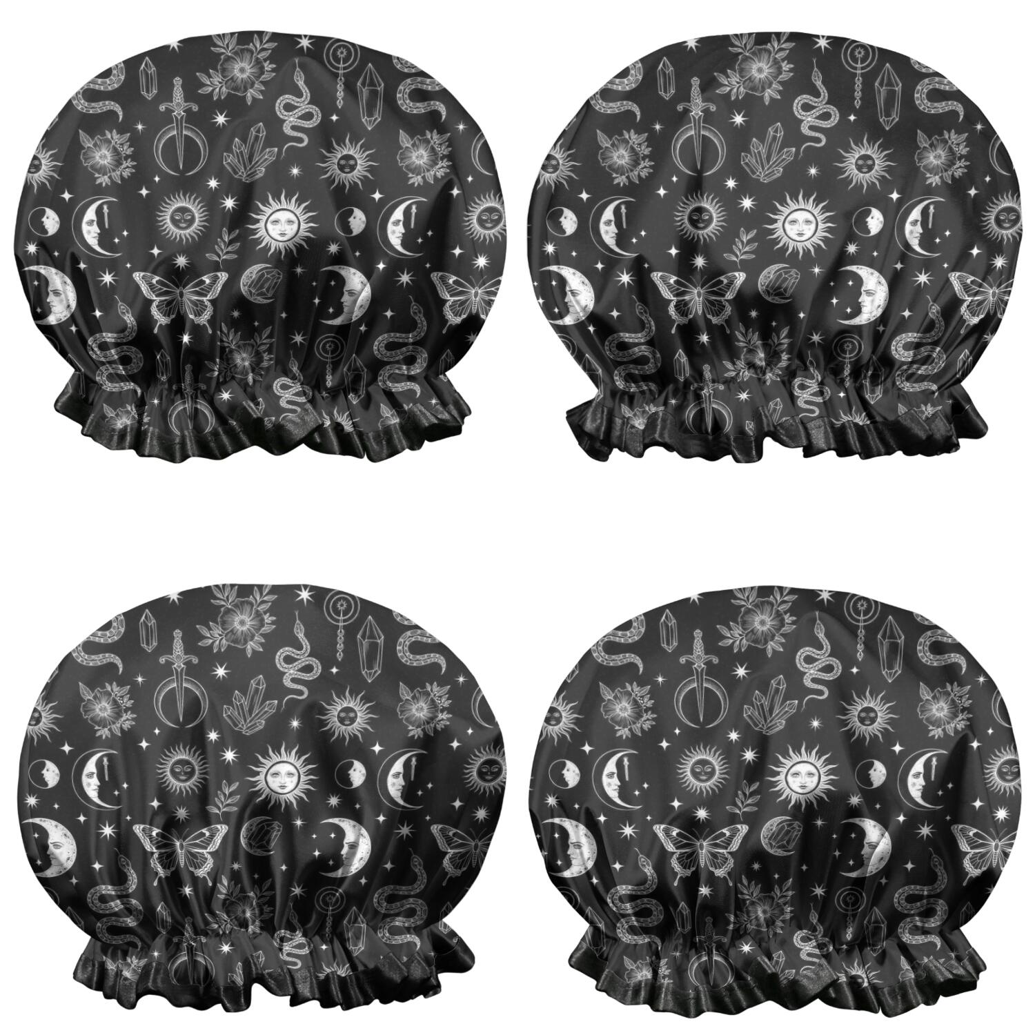 Shower Caps,Black White Sun Moon Snake Butterfly Pattern Waterproof Shower Cap for Women 4 Pieces,Double Reusable Hair Cover for Shower PEVA Elastic Stretch Hem