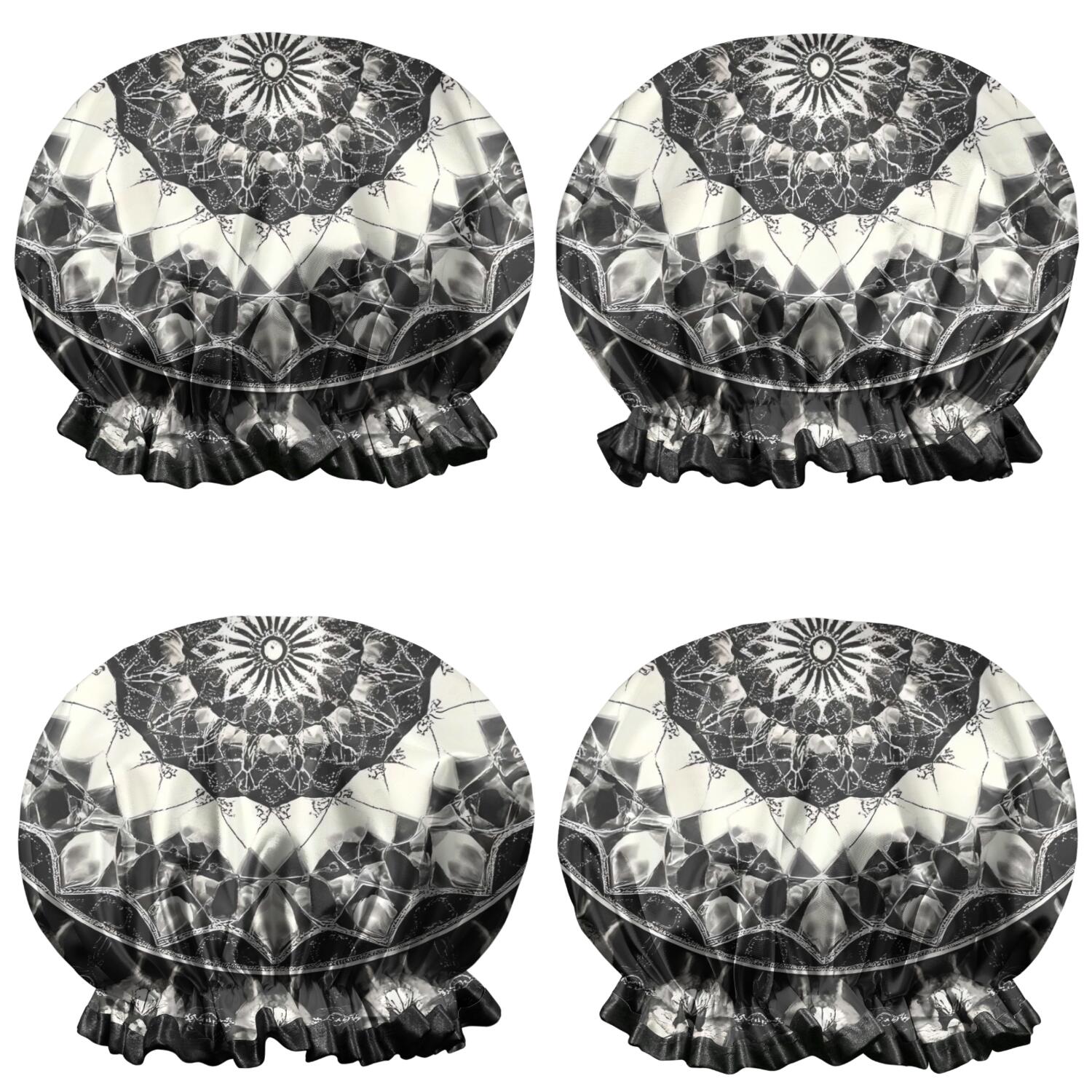 Shower Caps,Black White Tie Dye Mandala Pattern Waterproof Shower Cap for Women 4 Pieces,Double Reusable Hair Cover for Shower PEVA Elastic Stretch Hem