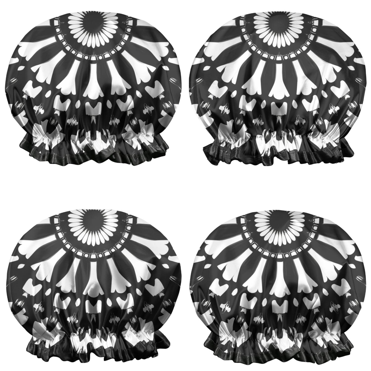 Shower Caps,Black White Tie Dye Mandala Pattern Waterproof Shower Cap for Women 4 Pieces,Double Reusable Hair Cover for Shower PEVA Elastic Stretch Hem