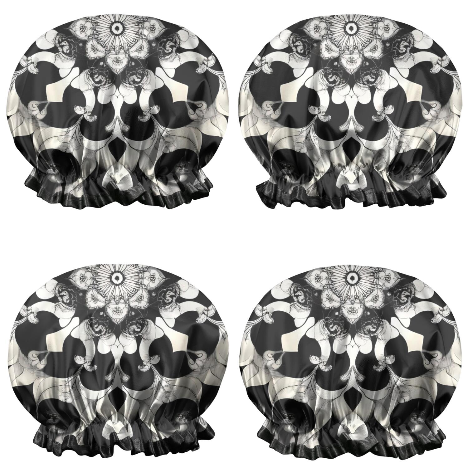 Shower Caps,Black White Tie Dye Mandala Pattern Waterproof Shower Cap for Women 4 Pieces,Double Reusable Hair Cover for Shower PEVA Elastic Stretch Hem