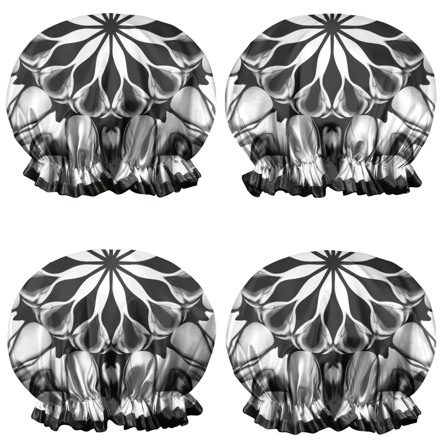 Shower Caps,Black White Tie Dye Mandala Pattern Waterproof Shower Cap for Women 4 Pieces,Double Reusable Hair Cover for Shower PEVA Elastic Stretch Hem