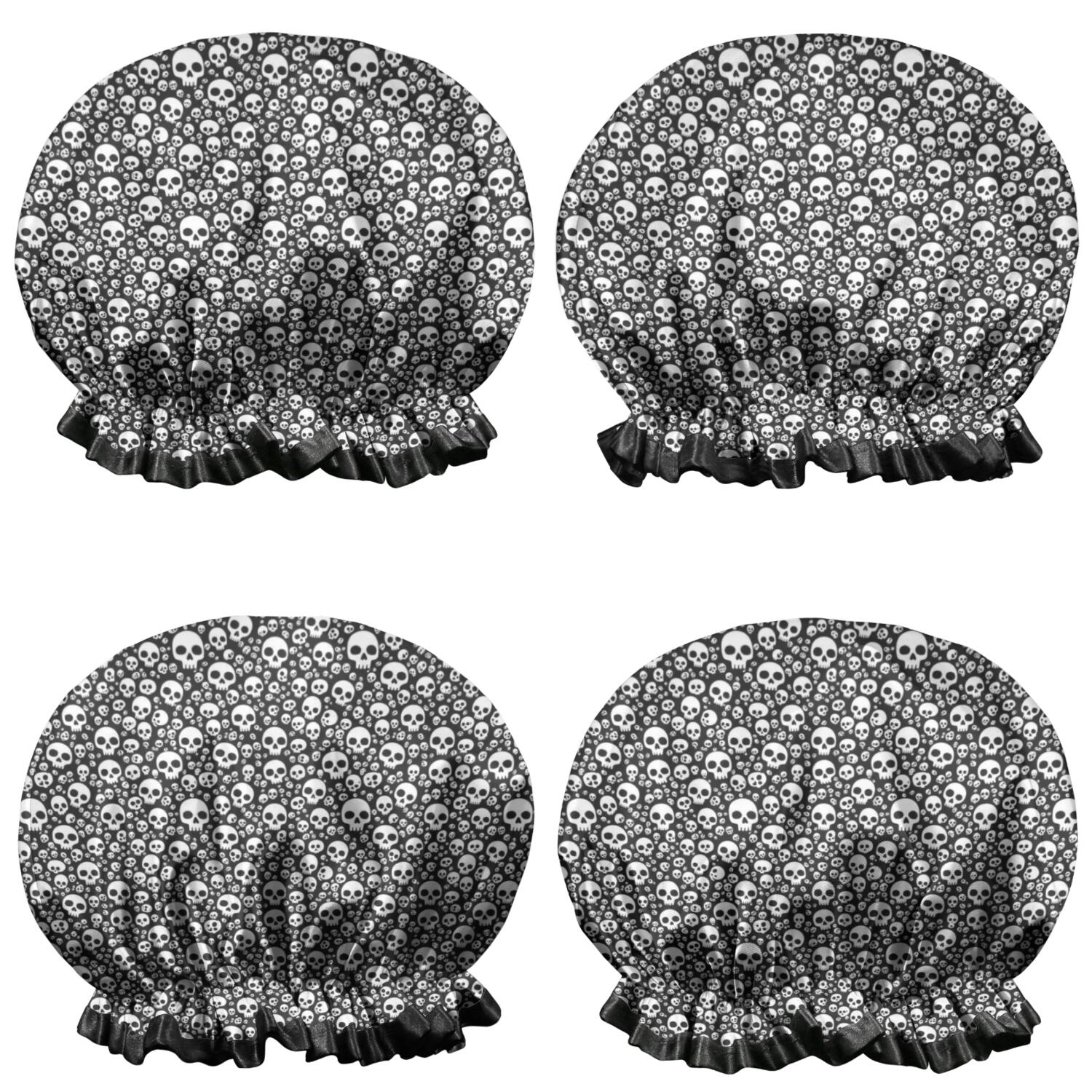 Shower Caps,Black White Tiny Skull Pattern Waterproof Shower Cap for Women 4 Pieces,Double Reusable Hair Cover for Shower PEVA Elastic Stretch Hem