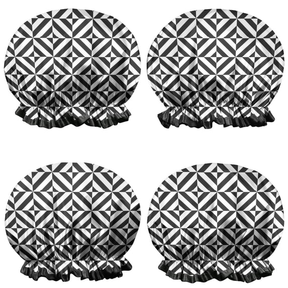 Shower Caps,Black White Triangle Checkered Pattern Waterproof Shower Cap for Women 4 Pieces,Double Reusable Hair Cover for Shower PEVA Elastic Stretch Hem