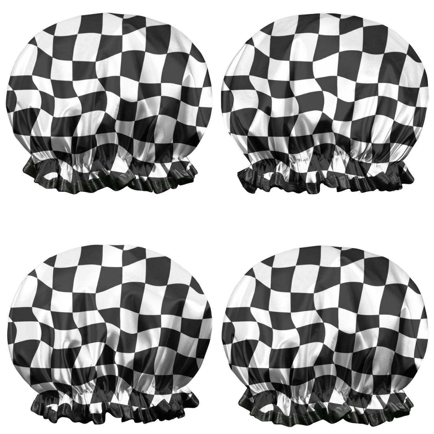 Shower Caps,Black and White Wavy Checkerboard Pattern Waterproof Shower Cap for Women 4 Pieces,Double Reusable Hair Cover for Shower PEVA Elastic Stretch Hem
