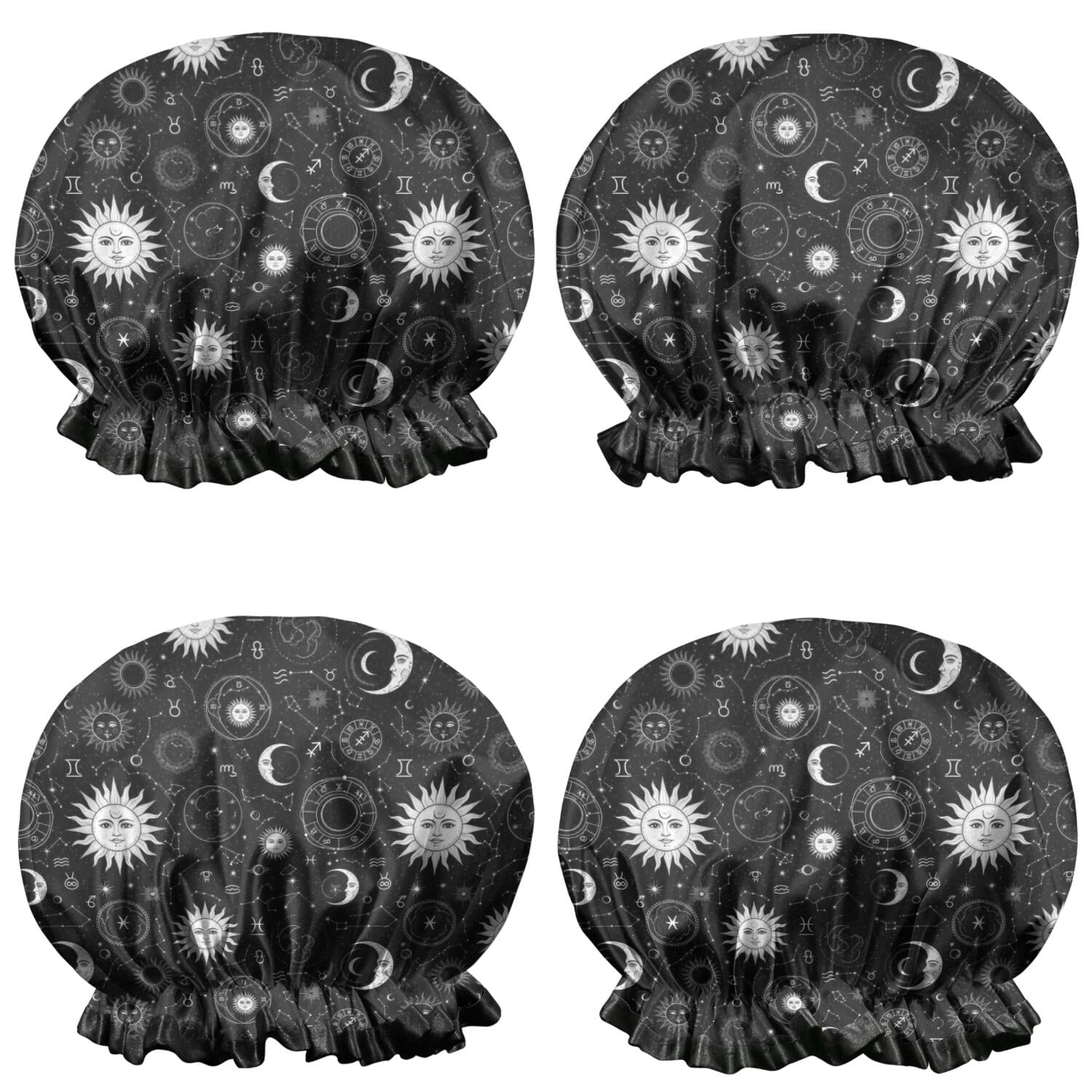 Shower Caps,Black White Zodiac Sun Moon Pattern Waterproof Shower Cap for Women 4 Pieces,Double Reusable Hair Cover for Shower PEVA Elastic Stretch Hem