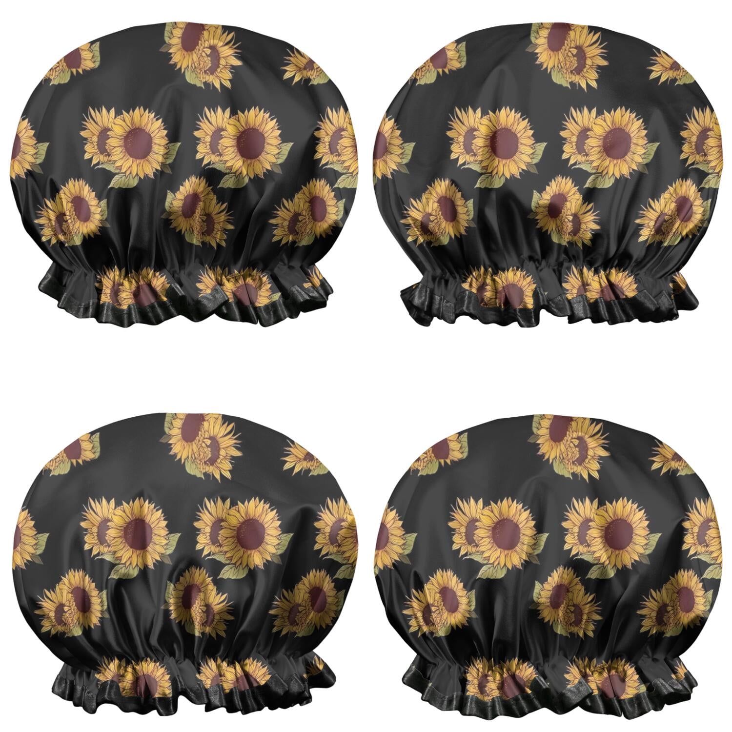 Shower Caps,Black Yellow Green Leaf Sunflower Pattern Waterproof Shower Cap for Women 4 Pieces,Double Reusable Hair Cover for Shower PEVA Elastic Stretch Hem