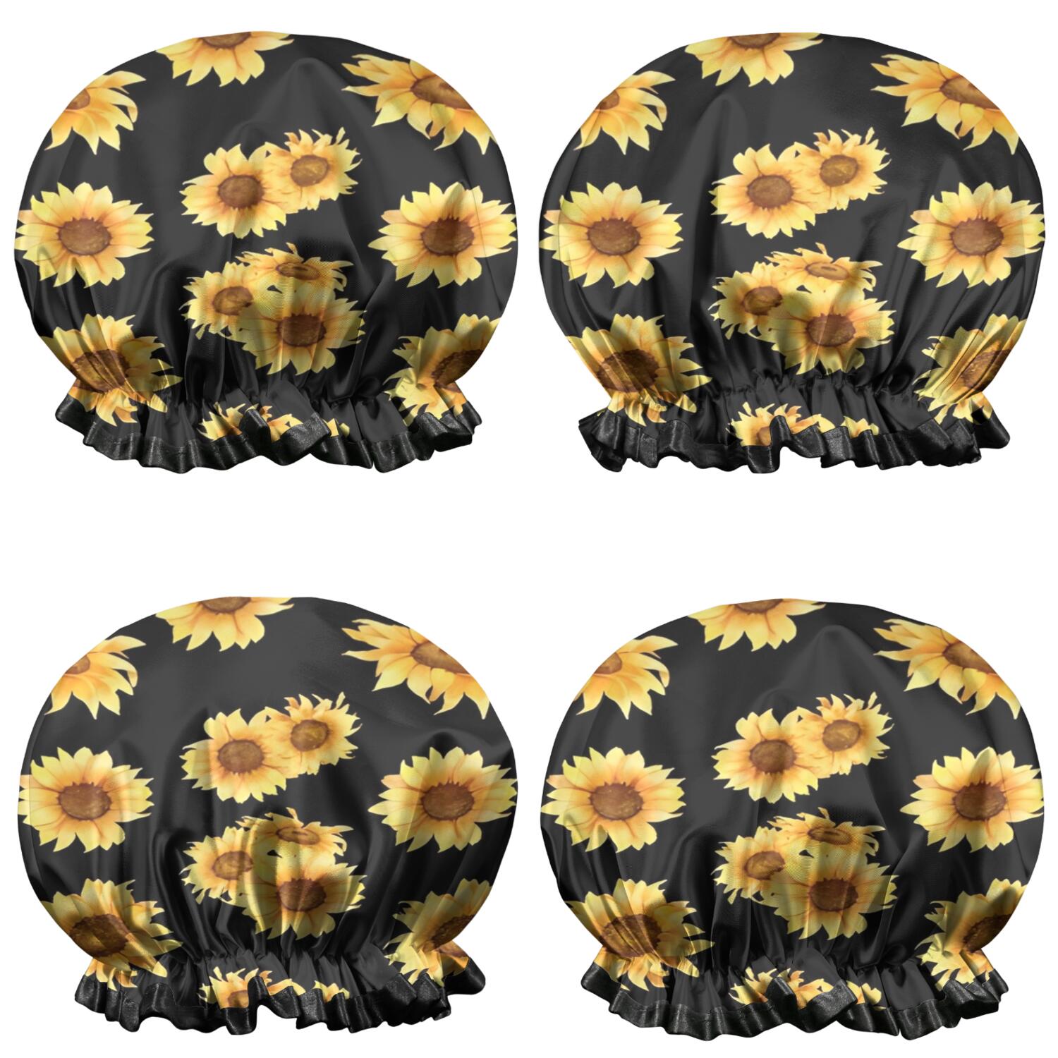 Shower Caps,Black Yellow Sunflower Pattern Waterproof Shower Cap for Women 4 Pieces,Double Reusable Hair Cover for Shower PEVA Elastic Stretch Hem