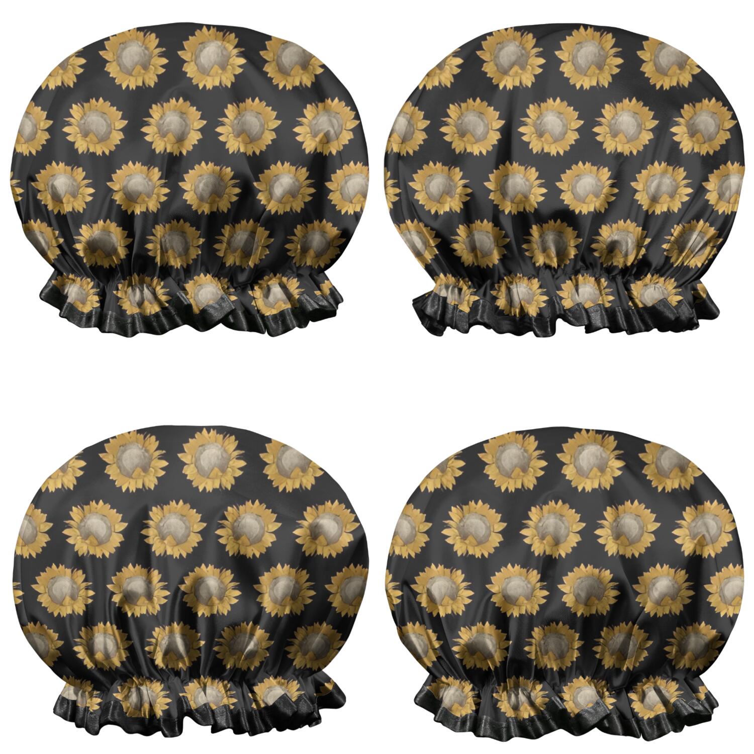 Shower Caps,Black Yellow Sunflower Pattern Waterproof Shower Cap for Women 4 Pieces,Double Reusable Hair Cover for Shower PEVA Elastic Stretch Hem