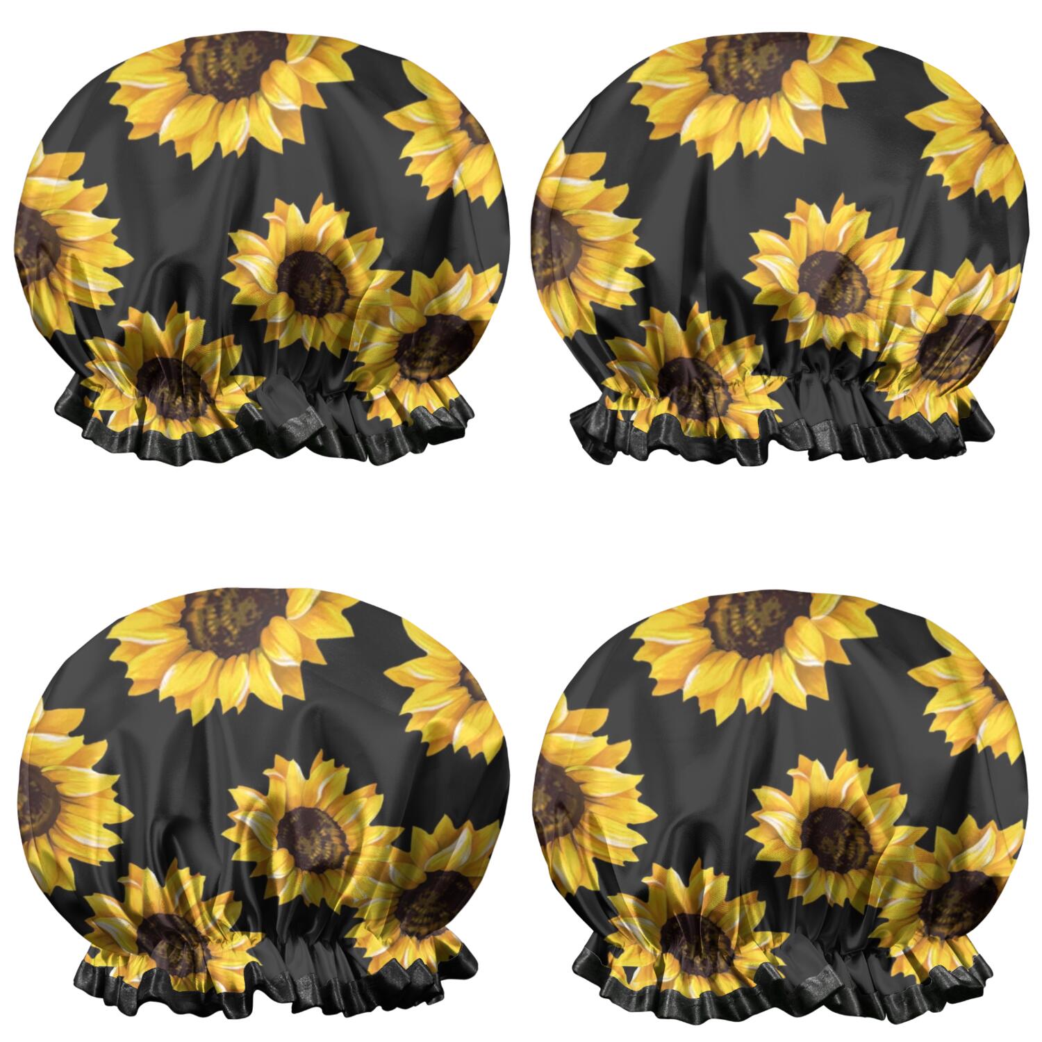 Shower Caps,Black Yellow Sunflower Pattern Waterproof Shower Cap for Women 4 Pieces,Double Reusable Hair Cover for Shower PEVA Elastic Stretch Hem