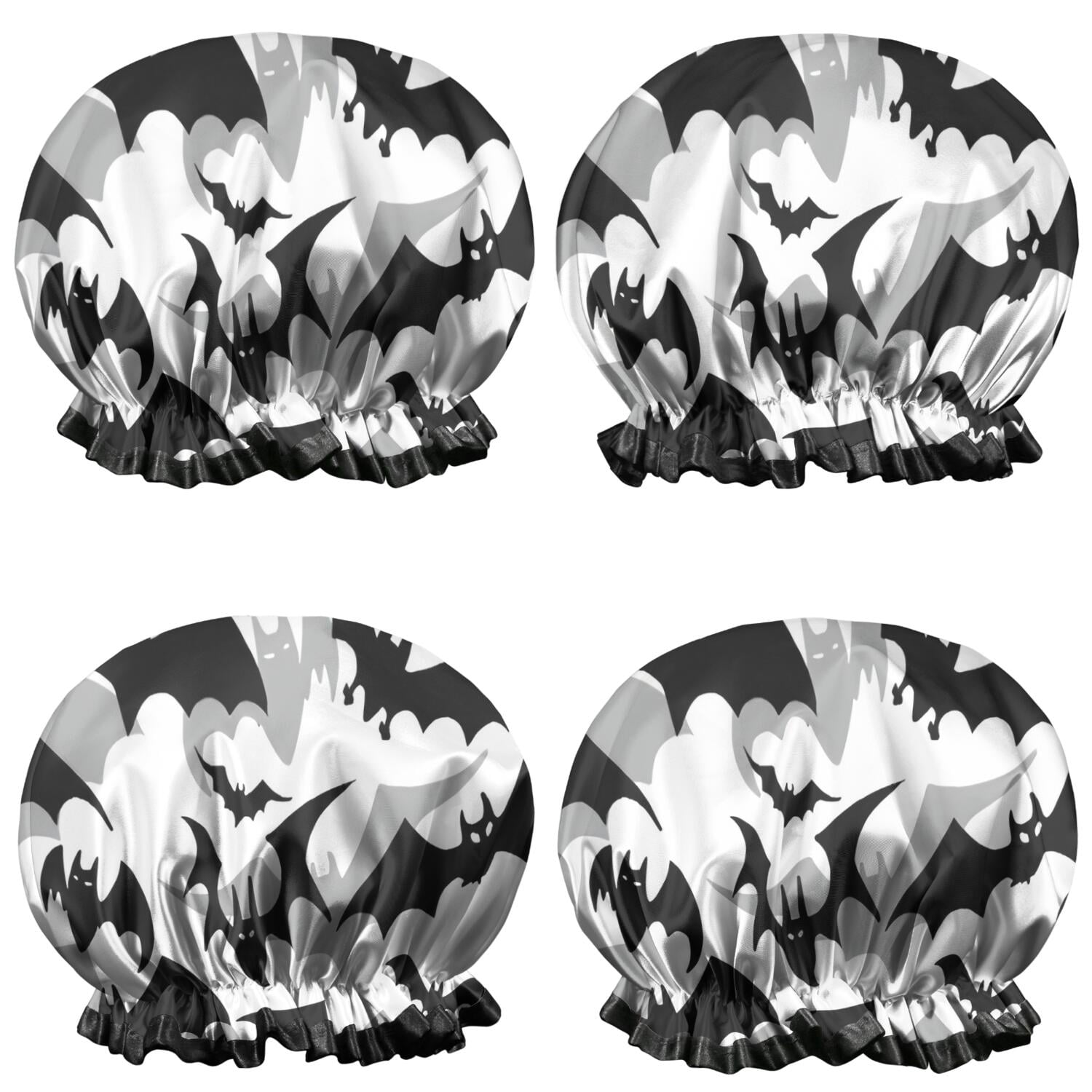 Shower Caps,Black and Gray Halloween Bats Waterproof Shower Cap for Women 4 Pieces,Double Reusable Hair Cover for Shower PEVA Elastic Stretch Hem